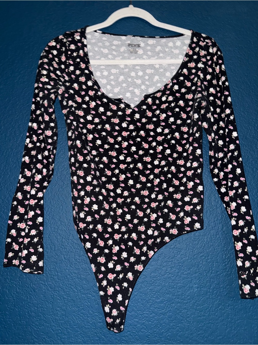 PINK Victoria's Secret Black Long-Sleeve Floral Scoop Neck Bodysuit